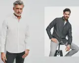 Mężczyzna w białej koszuli z kołnierzem typu button-down i mężczyzna w szarej koszuli dżinsowej.