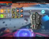 Interfejs gry No Man's Sky, pokazujący ekwipunek egzokombinezonu. Widoczne moduły technologiczne, takie jak "Kinetyczny: Siła" i "Próżnia: Dren", mogą być kluczowe dla spełnienia wymagań gry.