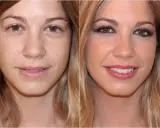 Comparación de rostro: antes sin maquillaje, con ojos cansados, y después con maquillaje que realza la mirada y el brillo de los labios.