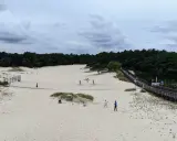 Rozległe wydmy w Dźwirzynie, z drewnianą kładką i ludźmi spacerującymi po piasku. W oddali widać las.