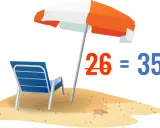 Plaża z leżakiem i parasolem. Obok napis: "26 = 35?". Czy to pytanie o to, od kiedy 35 dni urlopu?