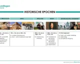 Ein **zeitstrahl mittelalter** zeigt Epochen von der Steinzeit bis zur Gegenwart, mit Bildern von Höhlenmalerei, antiken Ruinen, Romulus und Remus, einem Ritter, Ludwig XIV. und Kriegen.