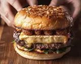 Apetyczny burger drwala przepis: soczysta wołowina, rozpływający się ser, chrupiące dodatki i puszna bułka. Idealny na głód!