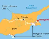 Mapa Cypru z zaznaczoną strefą buforową ONZ, Nikozją i Famagustą. Pokazuje podział wyspy na część grecką i turecką.