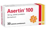 Opakowanie leku Asertin 100 mg, zawierającego 30 tabletek powlekanych z sertraliną. Stosowany na depresję i inne zaburzenia.
