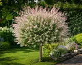Un saule crevette aux feuilles roses et blanches, parfaitement taillé, trône dans un jardin verdoyant.