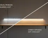Porównanie oświetlenia LED: rażące światło vs. miękkie, jednolite światło. Różne kształty i efekty świetlne.