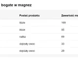 Tabela z produktami bogatymi w magnez: szpinak, koper, pietruszka, banan, awokado.