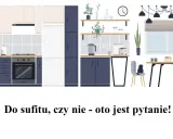 Nowoczesna kuchnia z ciemnogranatowymi szafkami i jasnymi frontami. Zastanawiasz się nad wymiarami szafek kuchennych wiszących?