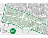 Mapa wyznacza krakowskie strefy parkingowe, w tym obszar C8.