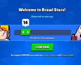 Pantalla de bienvenida de Brawl Stars pidiendo la edad, con la opción de 14 años seleccionada. La brawl stars edad recomendada se muestra para que el jugador la confirme.