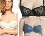 Modelli di reggiseno a balconcino in pizzo bianco, nero e blu.