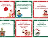 Świąteczny kalendarz dla dzieci do druku z zadaniami: napisz list, posprzątaj, pokoloruj, udekoruj, przygotuj ciastka i zrób bombkę.