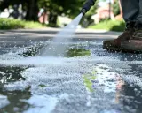Dysza myjki ciśnieniowej spryskuje wodą i pianą chodnik, widać buty użytkownika.