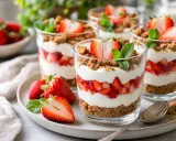 Délicieuse verrine fraise sans mascarpone, superposant fruits rouges, crème légère et crumble croustillant. Parfait pour un dessert frais et fruité.