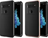 Dwa etui LG V30: czarne z teksturą i różowe ze złotą ramką. Oba z wycięciami na aparat i czytnik linii papilarnych.