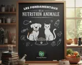 Tableau noir sur la nutrition animale, avec un chien et un chat devant un bol de croquettes. Idéal pour un repas pour chien équilibré.