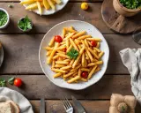 En tallrik med pommes frites, körsbärstomater och persilja. Enkel och billig mat som passar alla.