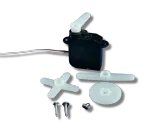 Ein d47 Servo mit Kabel und verschiedenen weißen Anbauteilen wie Propeller und Schrauben.