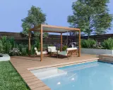 Une belle pergola en bois domine une terrasse en bois, invitant à construire une ambiance de détente près de la piscine.