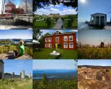 En mosaik av Sveriges världsarv: en röd kvarn, Drottningholms slott, ett marinmuseum, en sjöutsikt, ett rött hus, en väderkvarn, Visby ringmur, ett fjällandskap och en gruva.