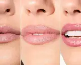 Tres looks de maquillaje de labios: nude, rosa pálido y rosa brillante.