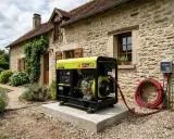 Un groupe électrogène Pramac GSW7.5, idéal pour savoir quel groupe électrogène choisir pour alimenter une maison, est installé près d'une bâtisse en pierre.