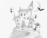 Jak narysować halloween: nawiedzony dom, dwa straszne duszki, nietoperz i księżyc.