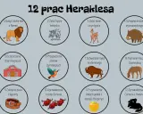 Ilustracja przedstawia 12 prac Heraklesa: lwa, hydrę, łanię, dzika, stajnię, ptaki, byka, klacze, pas, trzodę, jabłka i Cerbera.