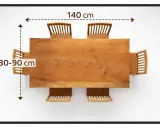 Vista aérea de mesa de comedor de madera con seis sillas. Muestra el espacio alrededor de la mesa, indicando 140 cm de largo y 80-90 cm de ancho.
