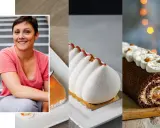 Pâtissière souriante à côté de desserts élégants, dont une bûche au chocolat et une création blanche texturée, évoquant un croustillant pour buche parfait.