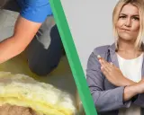 Pose de l'isolation dans un grenier, contrastant avec une femme faisant un signe d'interdiction, suggérant un problème de point de rosée.