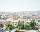 Blick über die Dächer von Malaga, mit dem markanten Glockenturm der Kathedrale und Palmen. Der malaga hafen ist in der Ferne zu erahnen.