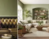 Un salon moderne et confortable avec des murs vert clair. Le cuir brun du canapé et les coussins aux motifs géométriques roses montrent quelle couleur va bien avec le vert clair.