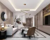 Nowoczesny salon z podwieszanym sufitem, który stanowi świetny pomysł na sufit w pokoju. Oświetlenie LED i designerska lampa dodają elegancji.