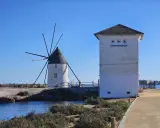Altes Windrad und ein weißes Gebäude am Mar Menor, mit Wasser und Vegetation im Vordergrund.