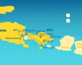 Mapa z trasą zwiedzania Bali: Jawa, Banyuwangi, Gilimanuk, Lovina, Ulun Danu, Amed, Ubud, Denpasar, Lombok.