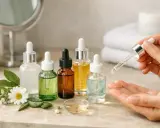 Plusieurs flacons de sérum, des plantes et une main testant une goutte. Difficile de savoir quel sérum choisir pour votre peau.