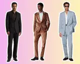 Three men showcase stylish cocktail attire: a dark suit, a velvet suit, and a light blue double-breasted suit.