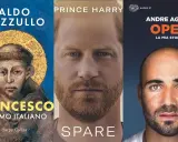 Copertine di biografie da leggere: "Francesco, il primo italiano" di Aldo Cazzullo, "Spare" di Prince Harry e "Open" di Andre Agassi.