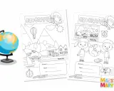 Copertina geografia classe seconda con disegni di un mappamondo, paesaggi, bambini e farfalla.