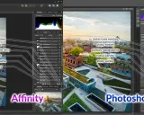 Porównanie interfejsów Affinity i Photoshop z widocznymi panelami warstw i narzędziami.