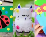 Manualidades primavera infantil: mariquita en cartulina, gatito con botella reciclada y ramo de flores de papel.