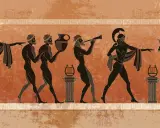 Antike Griechenland: Ein Kentaur führt eine Prozession von Männern an, die Musik machen und Krüge tragen.