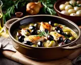 Un plat de poulet aux olives, garni de romarin frais, baignant dans une sauce onctueuse. Des oignons perlés et de l'huile d'olive complètent cette scène culinaire appétissante.