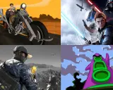 Czteroczęściowy kolaż z grafikami z gier. W lewym górnym rogu motocyklista w pustynnym krajobrazie. W prawym górnym rogu postacie z gry Star Wars Jedi: Fallen Order. W lewym dolnym rogu mężczyzna z telefonem i mostem Golden Gate w tle. W prawym dolnym ...