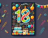 Kolorowa grafika z cyfrą 18 i napisem "Happy Birthday", otoczona balonami, prezentami i konfetti. To piękne życzenia na 18 urodziny od dziadków.