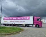 Różowa ciężarówka z napisem "Długość ma znaczenie. Zrób kurs i egzamin na tym zestawie!" zachęca do zdania egzaminu kwalifikacji zawodowej kierowcy.