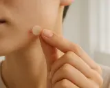 Une main applique un patch boutons sur une peau.