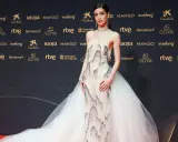 Una joven desfila en la goya alfombra roja con un vestido de gala blanco con detalles plateados y una voluminosa cola de tul.